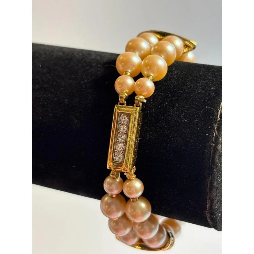 Bracelet Chunky‎ Bold 80s Maximalist Fashion Faux Pearl Gold Tone Rhinestone